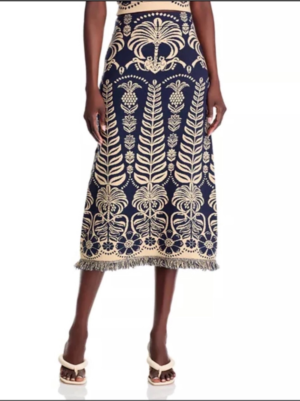 FARM Rio Ainika Tropical Splendor Knit Midi Skirt Navy Blue Cream Fringe M